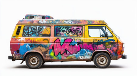 A vibrant graffiti-covered van showcases artistic flair and urban style against a clean white background, representing creativity and individuality in transport.の素材