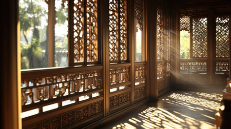 Experience the beauty of a tranquil interior showcasing traditional wooden design with intricate louvers, softly illuminated by natural sunlight.の素材