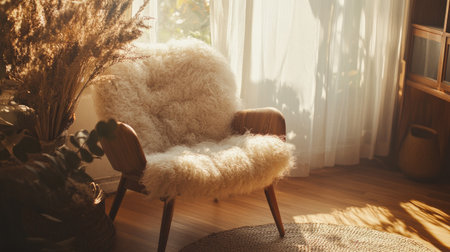 A cozy armchair with soft fur fabric located in a bright sunlit room, surrounded by beautiful natural elements, creating a warm and inviting atmosphere.の素材