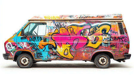 This image showcases an eye-catching vintage van adorned with vibrant graffiti art, reflecting urban culture and artistic creativity. The colorful designs transform the vehicle into a unique street art piece, symbolizing self-expression and the dynamic nature of city life.の素材