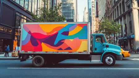 A vibrant and artistic truck showcasing colorful abstract designs travels through a bustling urban environment, surrounded by tall buildings and street activity.の素材