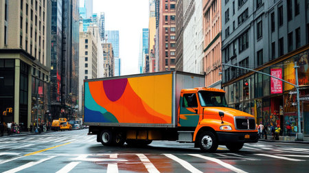 A vibrant delivery truck parked on a busy urban street, surrounded by tall skyscrapers and bustling pedestrians, showcases modern city life and commerce.の素材
