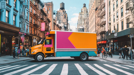 A vibrant delivery truck stands out on a busy street, surrounded by modern buildings and pedestrians, capturing the essence of urban life and commerce.の素材