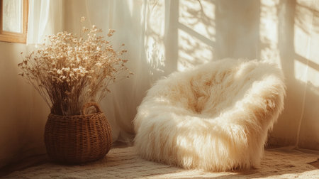 A serene living room scene featuring a plush, cozy chair enveloped in warm sunlight. A decorative basket filled with dried flowers complements the inviting atmosphere.の素材