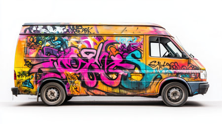 This image features a colorful van covered in vibrant graffiti, showcasing an expressive blend of artistic styles and urban culture. Ideal for themes of creativity and modern life.の素材