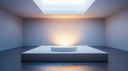 This minimalist interior features a geometric platform illuminated by soft lighting, creating a perfect scene for modern design concepts and artistic presentations.の素材