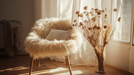 A serene living room scene featuring a fluffy chair beside a dried flower arrangement. Warm sunlight filters through sheer curtains, creating a cozy atmosphere.の素材