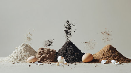 A visually appealing arrangement of various natural ingredients such as flour, cocoa powder, and spices alongside eggs and eggshells, showcasing culinary diversity.の素材