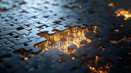 This image showcases abstract puzzle pieces with glowing lights, symbolizing the intersection of technology and creativity, perfect for design projects.の素材