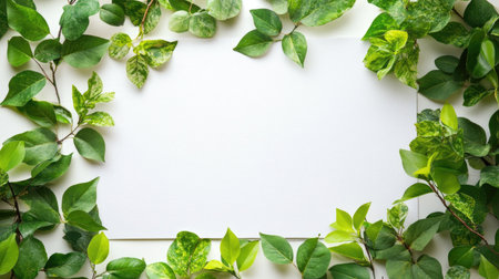 A vibrant arrangement of various green leaves creates a beautiful border around a blank space, perfect for adding text or images in a nature-themed design.の素材