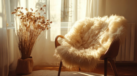 This image showcases a cozy chair adorned with a soft fur throw, accompanied by dried flowers. The warm sunlight enhances the inviting atmosphere in the stylish interior.の素材