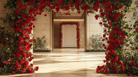 An enchanting view of a modern interior space featuring a stunning archway adorned with vibrant red roses, creating an inviting atmosphere for events and celebrations.の素材