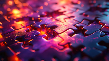 Close-up view of colorful puzzle pieces with a glossy surface, illuminated by vibrant lighting effects, creating an abstract and playful arrangement.の素材