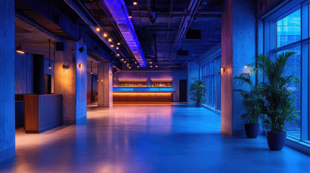 A sleek and modern lounge interior set in an urban environment, featuring an enticing bar area with ambient lighting and stylish decor, perfect for nightlife.の素材