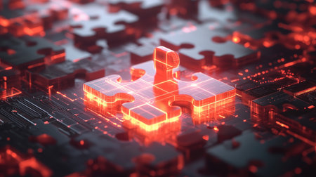 A striking image of a glowing puzzle piece set against a modern circuit background, showcasing a blend of vibrant red and sleek black colors, symbolizing connection and innovation.の素材