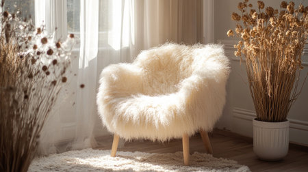 A cozy and stylish fluffy chair sits in a sunlit room, surrounded by dried flowers and soft textiles, creating a warm and inviting interior atmosphere.の素材