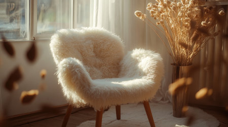 A cozy and soft white chair sits elegantly in a sunlit room, surrounded by dried plants, creating a serene atmosphere perfect for relaxation.の素材