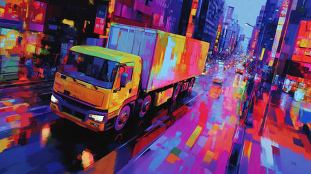 A vibrant urban night scene featuring a truck driving through a city illuminated by colorful neon lights. The wet asphalt reflects the dazzling colors, creating an energetic atmosphere synonymous with modern city life.の素材