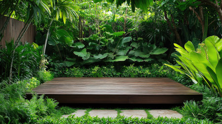 A serene wooden deck sits gracefully amidst abundant greenery, creating an ideal space for relaxation and wellness activities in a tranquil garden setting.の素材