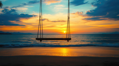 Experience a serene sunset moment on a tranquil beach, featuring a swing overlooking calm ocean waves and a breathtaking sky filled with colors.の素材