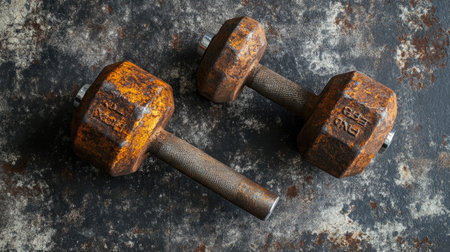 A pair of rusty dumbbells lie on a textured dark surface, showcasing the wear of time and use. Ideal for showcasing fitness resilience, vintage aesthetics, and strength training themes.の素材