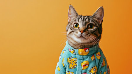 A charming tabby cat dressed in a vibrant pajama outfit stands out against a bright orange background. The playful patterns and expressive eyes add to the overall cuteness of this delightful pet portrait.の素材
