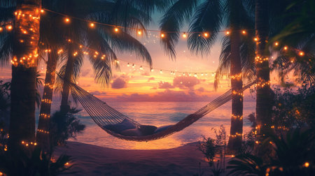 A serene sunset scene featuring a comfortable hammock draped between palm trees, illuminated by twinkling lights, inviting relaxation and tranquility.の素材
