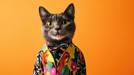 This image features a fashionable cat dressed in a vibrant floral suit and bow tie, posing against a bright orange background, showcasing charm and personality.の素材