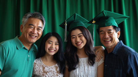 A cheerful family gathered in front of a vibrant green backdrop, celebrating graduation. The joyful expressions and traditional caps highlight their pride and love.の素材