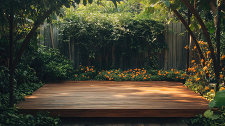 Discover a serene wooden deck nestled within a tranquil garden, surrounded by vibrant flowers and lush greenery, perfect for relaxation and outdoor gatherings.の素材