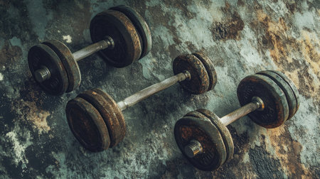 Two rusty dumbbells rest on a textured concrete floor, highlighting their worn beauty. Perfect for concepts of strength, endurance, and fitness training.の素材
