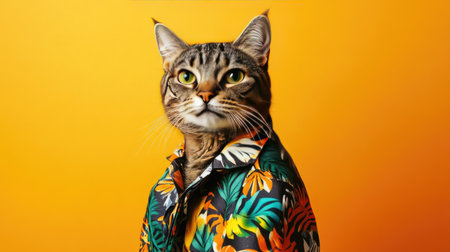 This amusing portrait features a domestic cat wearing a colorful Hawaiian shirt against a bright yellow background, showcasing a fun and vibrant personality.の素材