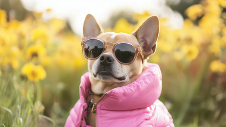 A charming dog wearing stylish sunglasses and a pink jacket poses confidently in a colorful flower field, capturing the essence of summer fun and joy.の素材