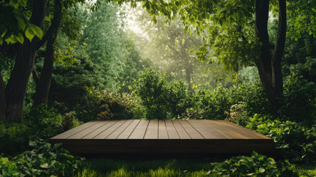 A tranquil wooden platform nestled in a vibrant green forest, illuminated by soft morning light, showcasing a serene and peaceful natural environment.の素材