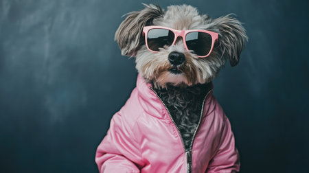 A fashionable dog dressed in a pink jacket and sunglasses strikes a playful pose against a dark background, exuding charm and personality.の素材