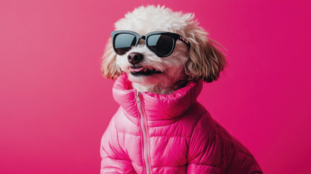 This charming dog showcases a fashionable pink jacket and stylish sunglasses, creating a playful and trendy look against a vibrant pink backdrop.の素材