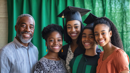A happy family gathers to celebrate a graduation, showcasing joy and pride as they pose together in front of a green backdrop, capturing a special moment.の素材