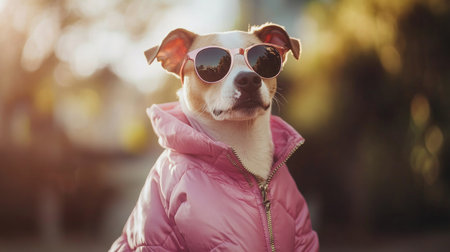 A charming and stylish dog wearing sunglasses and a pink jacket poses outdoors in a warm glow. The soft background adds a delightful touch to this playful moment.の素材