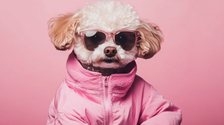 An adorable dog wearing a pink jacket and sunglasses poses against a vibrant pink background, showcasing a stylish and playful personality in a fun context.の素材