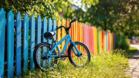 A charming blue bicycle rests against a colorful rainbow fence, surrounded by lush green grass, embodying the essence of childhood joy and outdoor adventure.の素材
