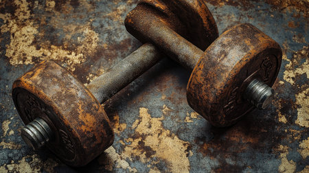 A close-up view of a vintage rusty dumbbell resting on a textured surface, perfect for fitness-themed projects or retro design elements, showcasing strength and determination.の素材