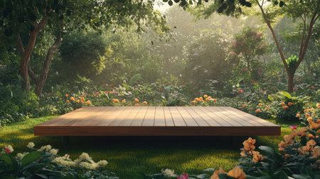 A beautiful wooden platform set amidst a vibrant garden filled with colorful flowers and lush greenery, illuminated by soft sunlight. Perfect for outdoor gatherings.の素材