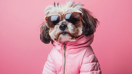A fashionable dog wears a cozy pink jacket and trendy sunglasses, posing confidently against a soft pink backdrop, radiating style and charm.の素材
