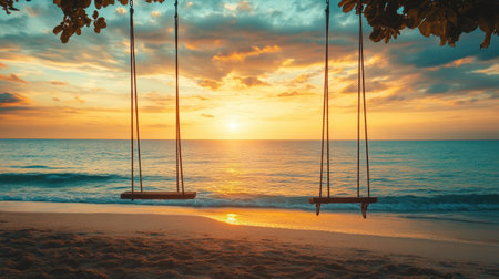 A tranquil sunset casts golden hues over a calm ocean, with empty swings swaying gently on a tropical beach, creating a serene and picturesque setting.の素材