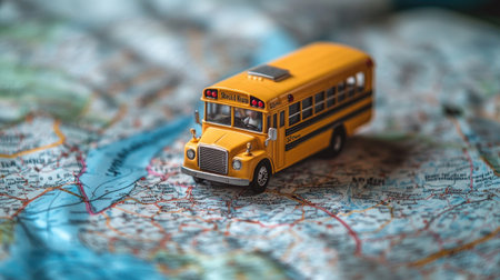 A vibrant yellow toy school bus rests on a detailed vintage map, symbolizing adventure and exploration in education. Perfect for themes of travel and childhood.の素材