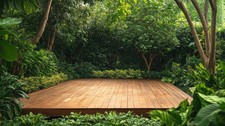 A tranquil wooden deck nestled amidst vibrant green plants creates a peaceful retreat perfect for relaxation and outdoor gatherings in nature.の素材
