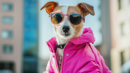 A charming dog wearing stylish sunglasses and a colorful jacket poses outdoors, showcasing playful and fashionable vibes in a vibrant urban environment.の素材