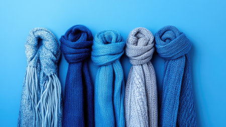 A vibrant collection of five knitted scarves in various shades of blue arranged neatly against a bright blue background, perfect for winter fashion themes.の素材