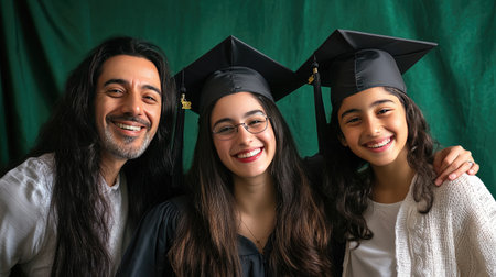 A joyful family portrait capturing the moment of graduation, featuring two proud graduates and a supportive family member, all smiling happily.の素材