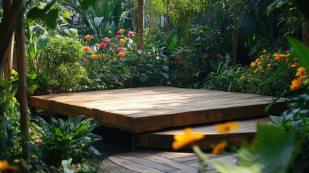 A stunning wooden platform nestled amidst lush foliage and vibrant flowers creates a peaceful oasis, perfect for relaxation and outdoor gatherings.の素材